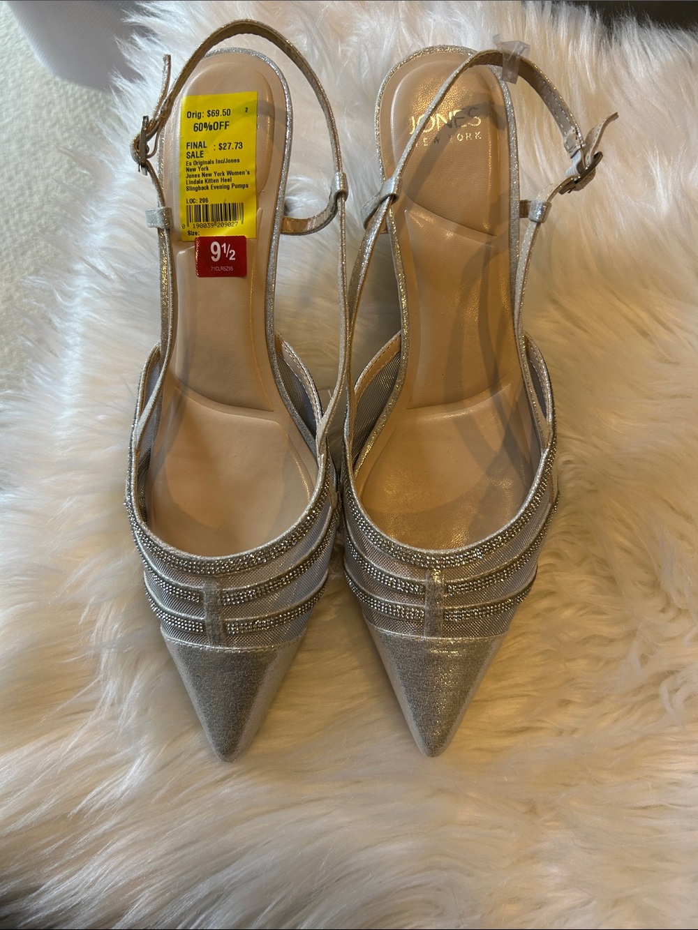 Jones New York Metallic Silver Pointed Toe Slingback Heels